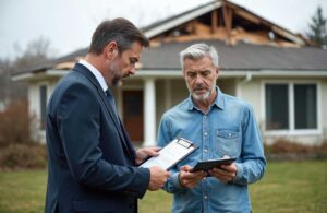 Person reviewing an insurance policy beside a declarations page, calculator, and household documents.